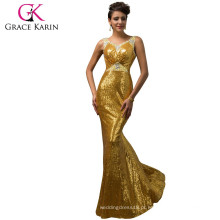 Grace Karin Últimas Design Deep V-Neck sexy Golden Sequins Long Free Prom Dresses CL007557-2